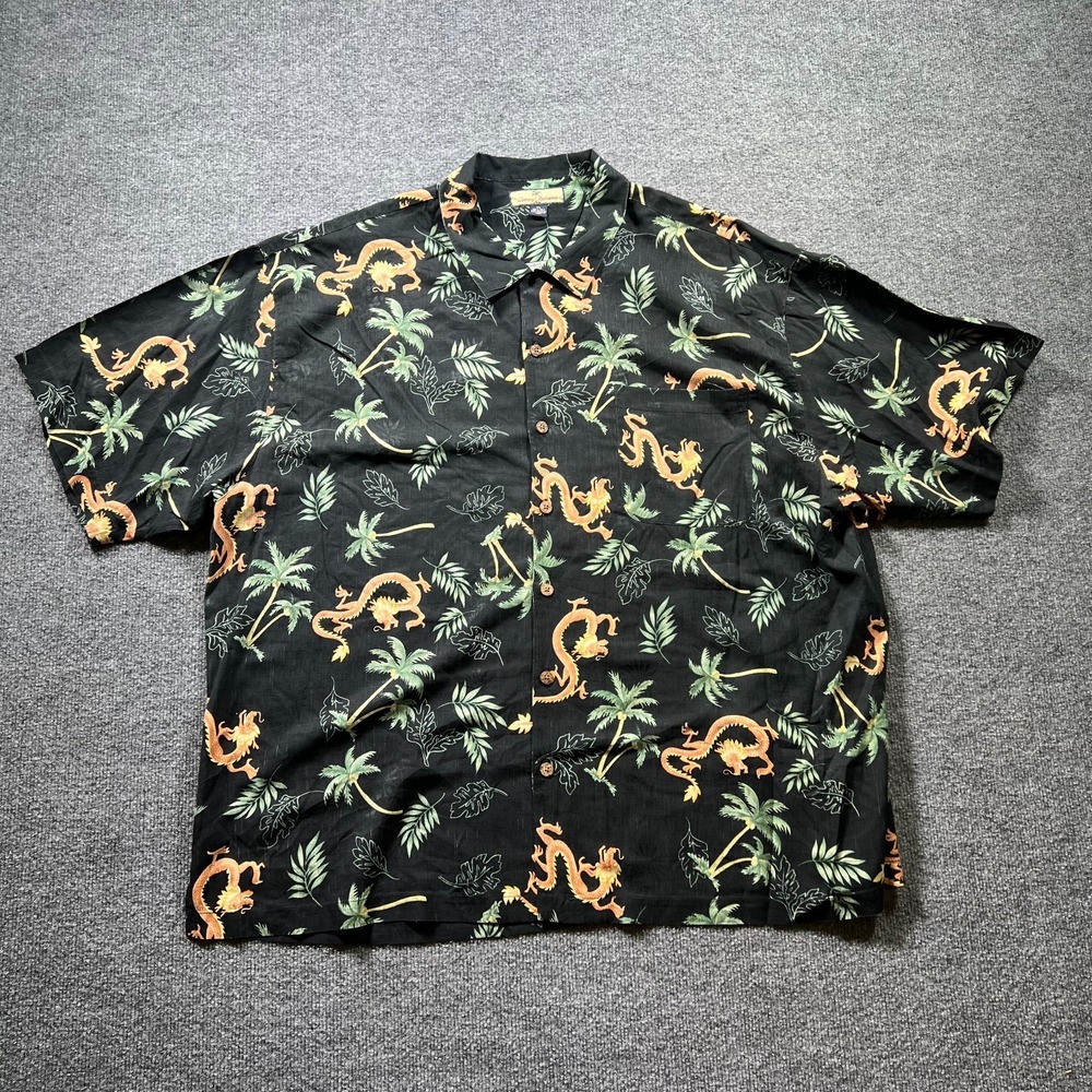 Tommy Bahama Hawaiian Shirt Mens 2XL Black Dragon Palm Tree Silk Button Front